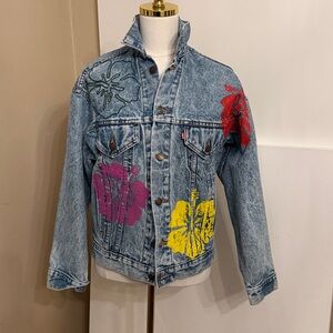 Free People x Tricia small Fix Hibiscus Denim Jacket Hand Painted Floral Blue